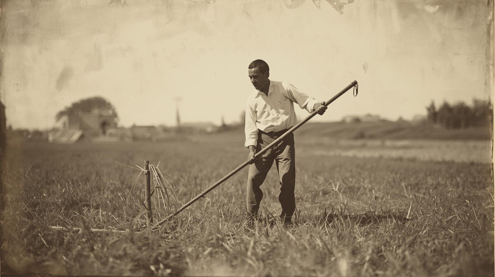 Hombre desbrozando su campo con una herramienta en 1920